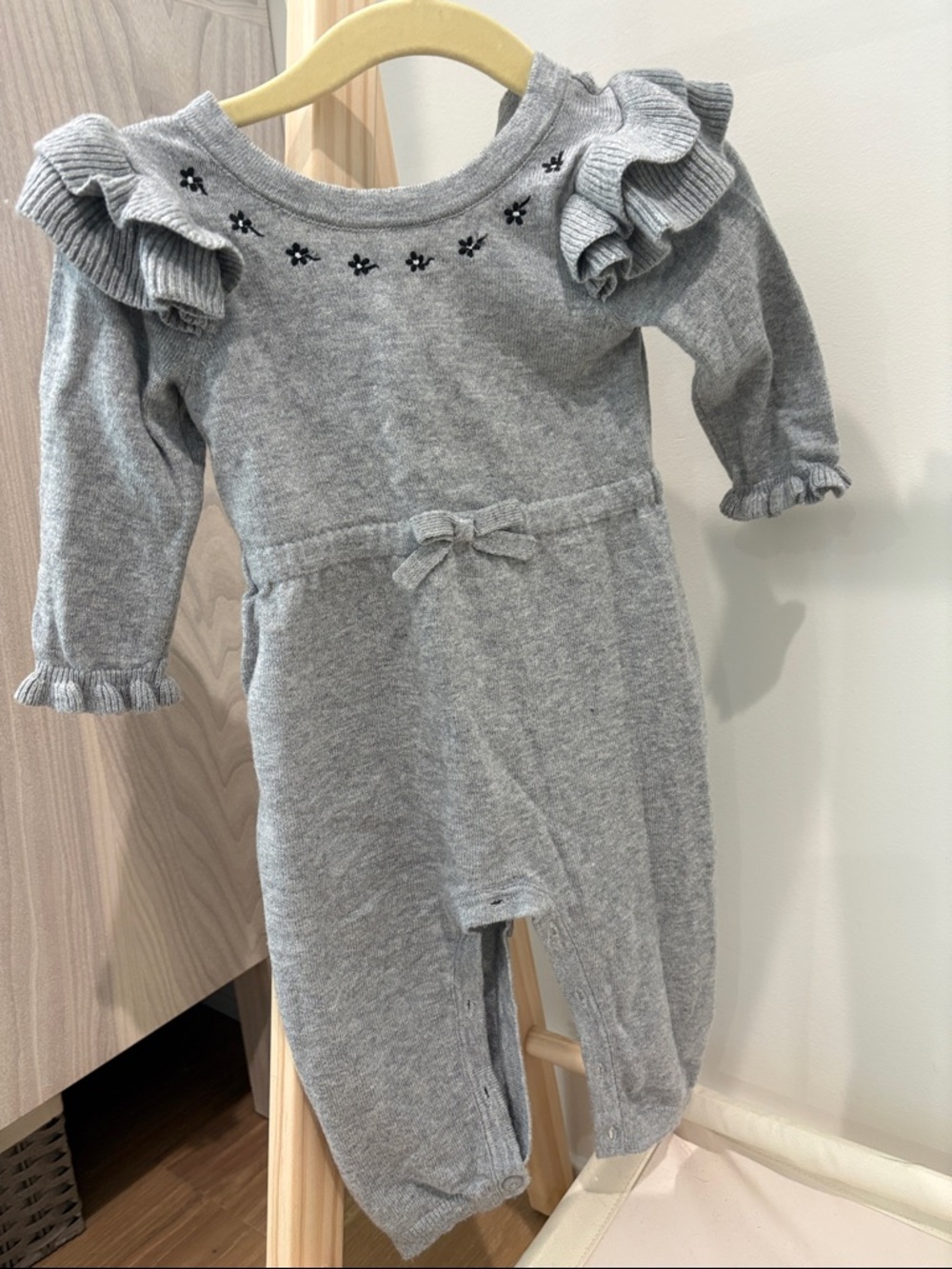 Janie and Jack Grey Knit Baby Romper with Black Floral Embroidery
